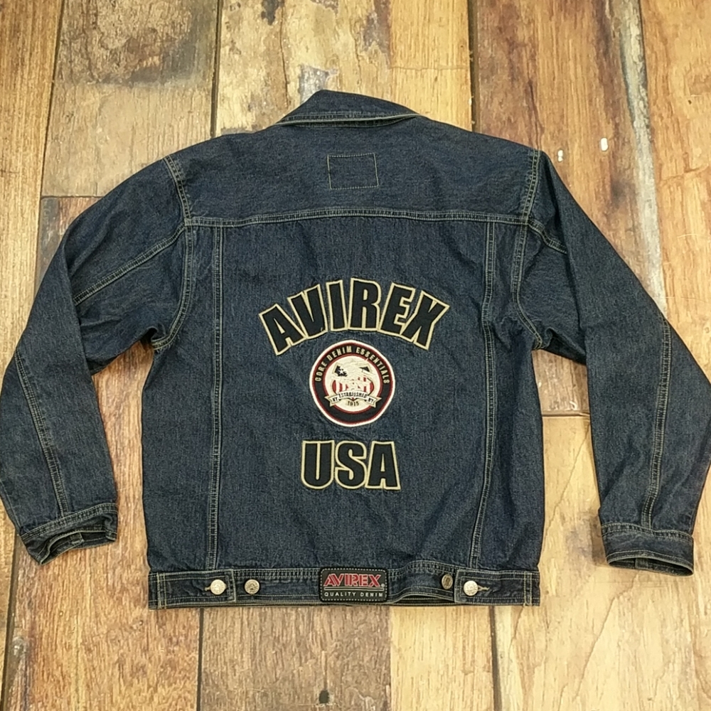 Avirex USA Denim Bluejean Jacket Patches Embroidery - Picture 1 of 7